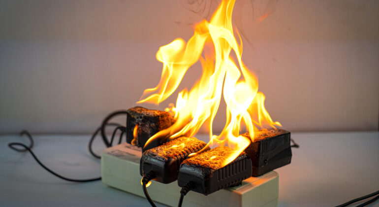 On fire adapter at plug Receptacle on white background, Electric short circuit failure resulting in electricity wire burnt